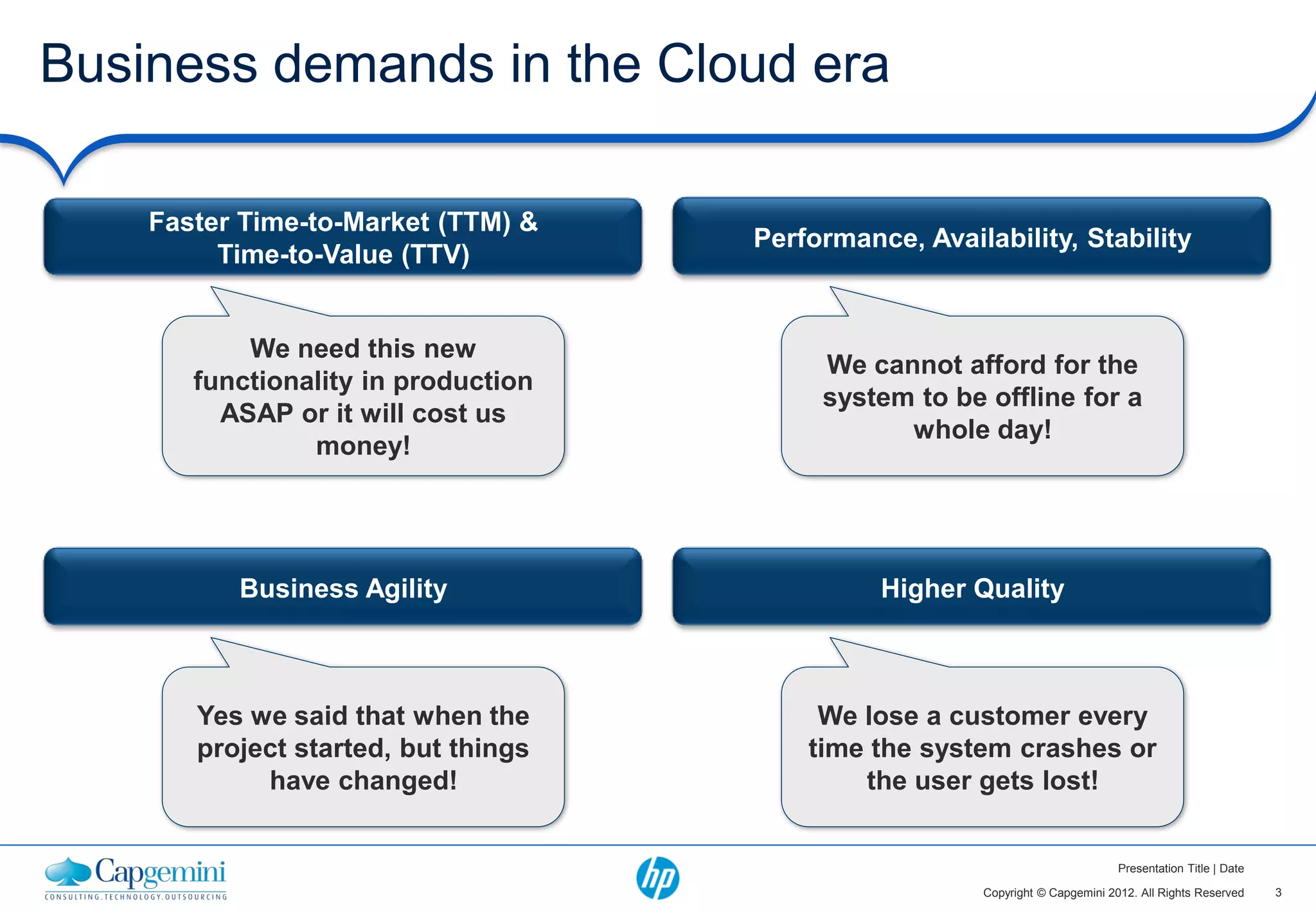 Business demands in the Cloud era

    Faster Time-to-Market (TTM) &
                                     Performance, Availability, Stability
         Time-to-Value (TTV)


           We need this new
                                          We cannot afford for the
       functionality in production
                                          system to be offline for a
         ASAP or it will cost us
                                                whole day!
                money!




          Business Agility                     Higher Quality



       Yes we said that when the          We lose a customer every
       project started, but things       time the system crashes or
            have changed!                    the user gets lost!


                                                                               Presentation Title | Date

                                                       Copyright © Capgemini 2012. All Rights Reserved     3
 