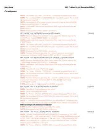 QuickSpecs HPE ProLiant DL380 Generation9 (Gen9)
Core Options
Page 43
NOTE: The Primary GPU riser (719076-B21) is required to support this in slot1.
NOTE: The secondary GPU riser (719073-B21) is required to support this in slot2
(2nd processor required).
NOTE: For doublewide GPU support you are required to have at least 1x1400W
Power Supply (720620-B21), per card.
NOTE: Double-wide cards require the addition of the High Performance Fan Kit
(719079-B21).
NOTE: Only supported with E5-2600v4 processors.
HPE NVIDIA Tesla M40 24GB Computational Accelerator P8Y46A
NOTE: Maximum 2 supported with both risers, support for 2 cards requires the
1400W Power Supply (720620-B21) to be selected.
NOTE: Double-wide cards require the addition of the High Performance Fan Kit
(719079-B21).
NOTE: The Primary GPU riser (719076-B21) is required to support this in slot1.
NOTE: The secondary GPU riser (719073-B21) is required to support this in slot2
(2nd processor required).
NOTE: Only supported with E5-2600v4 processors.
NOTE: There are limitations operating this card with operative environment
temperature limitations: 24SFF chassis to 300
C and 12LFF chassis to 250
C
HPE NVIDIA Tesla M60 Reverse Air Flow Dual GPU PCIe Graphics Accelerator M3X67A
NOTE: Maximum 2 supported with both risers, support for 2 cards requires the
1400W Power Supply (720620-B21) to be selected.
NOTE: Double-wide cards require the addition of the High Performance Fan Kit
(719079-B21).
NOTE: This card only runs at PCIeGen2 speeds.
NOTE: The Primary GPU riser (719076-B21) is required to support this in slot1.
NOTE: The secondary GPU riser (719073-B21) is required to support this in slot2
(2nd processor required).
NOTE: There are limitations operating this card with a 160W processor with operative
environment temperature limitations: 8SFF to 350
C, 16 SFF to 250
C and
24SFF/12LFF to 200
C
NOTE: Additional Grid 2.0 Licensing from NVIDIA is required.
HPE NVIDIA Tesla P4 8GB Computational Accelerator Q0V79A
NOTE: Maximum of 3 cards supported per server.
NOTE: This is supported in all chassis.
NOTE: The Primary GPU riser (719076-B21) is required to support this in slot1.
NOTE: The secondary GPU riser (719073-B21) is required to support this in slot2
(2nd processor required).
NOTE: 1x 1400W PS recommended, but this card will work with 1x800W PS (Per
GPU). However check the power usage via the HPE Power Advisor Tool located at
http://www.hpe.com/info/hppoweradvisor.
NOTE: No GPU enablement kit is required for this option.
NOTE: Only supported with E5-2600v4 processors.
HPE NVIDIA Tesla P40 24GB Computational Accelerator Q0V80A
NOTE: There are chassis limitations with this card: 4LFF supported to 35C, 8SFF
supported to 35C, 12LFF supported to 25C , 16SFF+Universal Media bay supported
to 30C, 16SFF+NVMe cage supported to 30C and 24SFF+2SFF supported to 30C.
NOTE: For doublewide GPU support you are required to have at least 1x1400W
Power Supply (720620-B21), per card.
NOTE: The Primary GPU riser (719076-B21) is required to support this in slot1.
 
