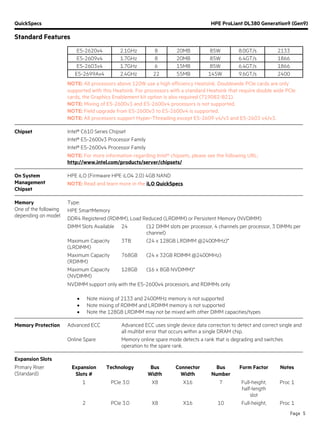 QuickSpecs HPE ProLiant DL380 Generation9 (Gen9)
Standard Features
Page 5
E5-2620v4 2.1GHz 8 20MB 85W 8.0GT/s 2133
E5-2609v4 1.7GHz 8 20MB 85W 6.4GT/s 1866
E5-2603v4 1.7GHz 6 15MB 85W 6.4GT/s 1866
E5-2699Av4 2.4GHz 22 55MB 145W 9.6GT/s 2400
NOTE: All processors above 120W use a high efficiency Heatsink. Doublewide PCIe cards are only
supported with this Heatsink. For processors with a standard Heatsink that require double wide PCIe
cards, the Graphics Enablement kit option is also required (719082-B21).
NOTE: Mixing of E5-2600v3 and E5-2600v4 processors is not supported.
NOTE: Field upgrade from E5-2600v3 to E5-2600v4 is supported.
NOTE: All processors support Hyper-Threading except E5-2609 v4/v3 and E5-2603 v4/v3.
Chipset Intel® C610 Series Chipset
Intel® E5-2600v3 Processor Family
Intel® E5-2600v4 Processor Family
NOTE: For more information regarding Intel® chipsets, please see the following URL:
http://www.intel.com/products/server/chipsets/
On System
Management
Chipset
HPE iLO (Firmware HPE iLO4 2.0) 4GB NAND
NOTE: Read and learn more in the iLO QuickSpecs.
Memory
One of the following
depending on model
Type:
HPE SmartMemory
DDR4 Registered (RDIMM), Load Reduced (LRDIMM) or Persistent Memory (NVDIMM)
DIMM Slots Available 24 (12 DIMM slots per processor, 4 channels per processor, 3 DIMMs per
channel)
Maximum Capacity
(LRDIMM)
3TB (24 x 128GB LRDIMM @2400MHz)*
Maximum Capacity
(RDIMM)
768GB (24 x 32GB RDIMM @2400MHz)
Maximum Capacity
(NVDIMM)
128GB (16 x 8GB NVDIMM)*
NVDIMM support only with the E5-2600v4 processors, and RDIMMs only
• Note mixing of 2133 and 2400MHz memory is not supported
• Note mixing of RDIMM and LRDIMM memory is not supported
• Note the 128GB LRDIMM may not be mixed with other DIMM capacities/types
Memory Protection Advanced ECC Advanced ECC uses single device data correction to detect and correct single and
all multibit error that occurs within a single DRAM chip.
Online Spare Memory online spare mode detects a rank that is degrading and switches
operation to the spare rank.
Expansion Slots
Primary Riser
(Standard)
Expansion
Slots #
Technology Bus
Width
Connector
Width
Bus
Number
Form Factor Notes
1 PCIe 3.0 X8 X16 7 Full-height,
half-length
slot
Proc 1
2 PCIe 3.0 X8 X16 10 Full-height, Proc 1
 