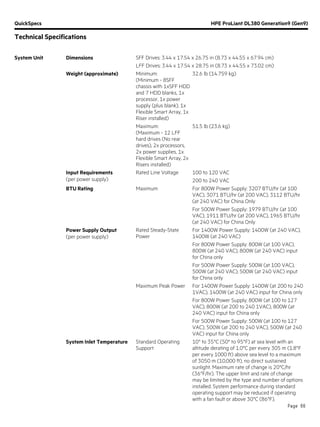 QuickSpecs HPE ProLiant DL380 Generation9 (Gen9)
Technical Specifications
Page 66
System Unit Dimensions SFF Drives: 3.44 x 17.54 x 26.75 in (8.73 x 44.55 x 67.94 cm)
LFF Drives: 3.44 x 17.54 x 28.75 in (8.73 x 44.55 x 73.02 cm)
Weight (approximate) Minimum:
(Minimum - 8SFF
chassis with 1xSFF HDD
and 7 HDD blanks, 1x
processor, 1x power
supply (plus blank), 1x
Flexible Smart Array, 1x
Riser installed)
32.6 lb (14.759 kg)
Maximum:
(Maximum - 12 LFF
hard drives (No rear
drives), 2x processors,
2x power supplies, 1x
Flexible Smart Array, 2x
Risers installed)
51.5 lb (23.6 kg)
Input Requirements
(per power supply)
Rated Line Voltage 100 to 120 VAC
200 to 240 VAC
BTU Rating Maximum For 800W Power Supply: 3207 BTU/hr (at 100
VAC), 3071 BTU/hr (at 200 VAC), 3112 BTU/hr
(at 240 VAC) for China Only
For 500W Power Supply: 1979 BTU/hr (at 100
VAC), 1911 BTU/hr (at 200 VAC), 1965 BTU/hr
(at 240 VAC) for China Only
Power Supply Output
(per power supply)
Rated Steady-State
Power
For 1400W Power Supply: 1400W (at 240 VAC),
1400W (at 240 VAC)
For 800W Power Supply: 800W (at 100 VAC),
800W (at 240 VAC), 800W (at 240 VAC) input
for China only
For 500W Power Supply: 500W (at 100 VAC),
500W (at 240 VAC), 500W (at 240 VAC) input
for China only
Maximum Peak Power For 1400W Power Supply: 1400W (at 200 to 240
1VAC), 1400W (at 240 VAC) input for China only
For 800W Power Supply: 800W (at 100 to 127
VAC), 800W (at 200 to 240 1VAC), 800W (at
240 VAC) input for China only
For 500W Power Supply: 500W (at 100 to 127
VAC), 500W (at 200 to 240 VAC), 500W (at 240
VAC) input for China only
System Inlet Temperature Standard Operating
Support
10° to 35°C (50° to 95°F) at sea level with an
altitude derating of 1.0°C per every 305 m (1.8°F
per every 1000 ft) above sea level to a maximum
of 3050 m (10,000 ft), no direct sustained
sunlight. Maximum rate of change is 20°C/hr
(36°F/hr). The upper limit and rate of change
may be limited by the type and number of options
installed. System performance during standard
operating support may be reduced if operating
with a fan fault or above 30°C (86°F).
 