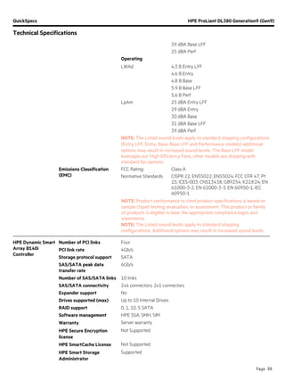 QuickSpecs HPE ProLiant DL380 Generation9 (Gen9)
Technical Specifications
Page 68
39 dBA Base LFF
25 dBA Perf
Operating
LWAd 4.3 B Entry LFF
4.6 B Entry
4.8 B Base
5.9 B Base LFF
5.6 B Perf
LpAm 25 dBA Entry LFF
29 dBA Entry
30 dBA Base
31 dBA Base LFF
39 dBA Perf
NOTE: The Listed sound levels apply to standard shipping configurations
(Entry LFF, Entry, Base, Base LFF and Performance models) additional
options may result in increased sound levels. The Base LFF model
leverages our High Efficiency Fans, other models are shipping with
standard fan options.
Emissions Classification
(EMC)
FCC Rating Class A
Normative Standards CISPR 22; EN55022; EN55024; FCC CFR 47, Pt
15; ICES-003; CNS13438; GB9254; K22;K24; EN
61000-3-2; EN 61000-3-3; EN 60950-1; IEC
60950-1
NOTE: Product conformance to cited product specifications is based on
sample (type) testing, evaluation, or assessment. This product or family
of products is eligible to bear the appropriate compliance logos and
statements.
NOTE: The Listed sound levels apply to standard shipping
configurations. Additional options may result in increased sound levels.
HPE Dynamic Smart
Array B140i
Controller
Number of PCI links Four
PCI link rate 4Gb/s
Storage protocol support SATA
SAS/SATA peak data
transfer rate
6Gb/s
Number of SAS/SATA links 10 links
SAS/SATA connectivity 2x4 connectors; 2x1 connectors
Expander support No
Drives supported (max) Up to 10 Internal Drives
RAID support 0, 1, 10, 5 SATA
Software management HPE SSA, SMH, SIM
Warranty Server warranty
HPE Secure Encryption
license
Not Supported
HPE SmartCache License Not Supported
HPE Smart Storage
Administrator
Supported
 