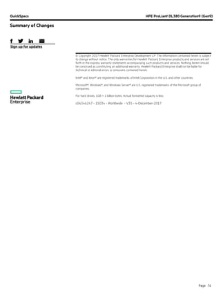 QuickSpecs HPE ProLiant DL380 Generation9 (Gen9)
Summary of Changes
Page 74
Sign up for updates
© Copyright 2017 Hewlett Packard Enterprise Development LP. The information contained herein is subject
to change without notice. The only warranties for Hewlett Packard Enterprise products and services are set
forth in the express warranty statements accompanying such products and services. Nothing herein should
be construed as constituting an additional warranty. Hewlett Packard Enterprise shall not be liable for
technical or editorial errors or omissions contained herein.
Intel® and Xeon® are registered trademarks of Intel Corporation in the U.S. and other countries.
Microsoft®, Windows®, and Windows Server® are U.S. registered trademarks of the Microsoft group of
companies.
For hard drives, 1GB = 1 billion bytes. Actual formatted capacity is less
c04346247 - 15034 - Worldwide - V35 - 4-December-2017
 