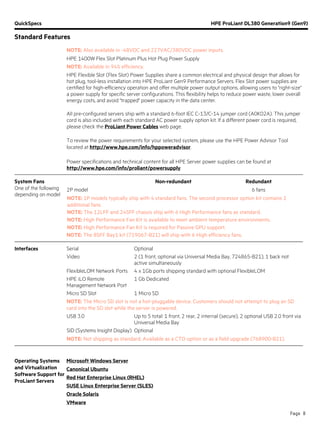 QuickSpecs HPE ProLiant DL380 Generation9 (Gen9)
Standard Features
Page 8
NOTE: Also available in -48VDC and 227VAC/380VDC power inputs.
HPE 1400W Flex Slot Platinum Plus Hot Plug Power Supply
NOTE: Available in 94% efficiency.
HPE Flexible Slot (Flex Slot) Power Supplies share a common electrical and physical design that allows for
hot plug, tool-less installation into HPE ProLiant Gen9 Performance Servers. Flex Slot power supplies are
certified for high-efficiency operation and offer multiple power output options, allowing users to "right-size"
a power supply for specific server configurations. This flexibility helps to reduce power waste, lower overall
energy costs, and avoid "trapped" power capacity in the data center.
All pre-configured servers ship with a standard 6-foot IEC C-13/C-14 jumper cord (A0K02A). This jumper
cord is also included with each standard AC power supply option kit. If a different power cord is required,
please check the ProLiant Power Cables web page.
To review the power requirements for your selected system, please use the HPE Power Advisor Tool
located at http://www.hpe.com/info/hppoweradvisor.
Power specifications and technical content for all HPE Server power supplies can be found at
http://www.hpe.com/info/proliant/powersupply.
System Fans
One of the following
depending on model
Non-redundant Redundant
2P model 6 fans
NOTE: 1P models typically ship with 4 standard fans. The second processor option kit contains 2
additional fans.
NOTE: The 12LFF and 24SFF chassis ship with 6 High Performance fans as standard.
NOTE: High Performance Fan Kit is available to meet ambient temperature environments.
NOTE: High Performance Fan Kit is required for Passive GPU support.
NOTE: The 8SFF Bay1 kit (719067-B21) will ship with 6 High efficiency fans.
Interfaces Serial Optional
Video 2 (1 front, optional via Universal Media Bay, 724865-B21), 1 back not
active simultaneously
FlexibleLOM Network Ports 4 x 1Gb ports shipping standard with optional FlexibleLOM
HPE iLO Remote
Management Network Port
1 Gb Dedicated
Micro SD Slot 1 Micro SD
NOTE: The Micro SD slot is not a hot-pluggable device. Customers should not attempt to plug an SD
card into the SD slot while the server is powered.
USB 3.0 Up to 5 total: 1 front, 2 rear, 2 internal (secure), 2 optional USB 2.0 front via
Universal Media Bay
SID (Systems Insight Display) Optional
NOTE: Not shipping as standard. Available as a CTO option or as a field upgrade (768900-B21).
Operating Systems
and Virtualization
Software Support for
ProLiant Servers
Microsoft Windows Server
Canonical Ubuntu
Red Hat Enterprise Linux (RHEL)
SUSE Linux Enterprise Server (SLES)
Oracle Solaris
VMware
 