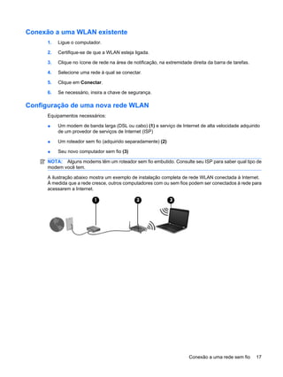 Conexão a uma WLAN existente
1. Ligue o computador.
2. Certifique-se de que a WLAN esteja ligada.
3. Clique no ícone de rede na área de notificação, na extremidade direita da barra de tarefas.
4. Selecione uma rede à qual se conectar.
5. Clique em Conectar.
6. Se necessário, insira a chave de segurança.
Configuração de uma nova rede WLAN
Equipamentos necessários:
● Um modem de banda larga (DSL ou cabo) (1) e serviço de Internet de alta velocidade adquirido
de um provedor de serviços de Internet (ISP)
● Um roteador sem fio (adquirido separadamente) (2)
● Seu novo computador sem fio (3)
NOTA: Alguns modems têm um roteador sem fio embutido. Consulte seu ISP para saber qual tipo de
modem você tem.
A ilustração abaixo mostra um exemplo de instalação completa de rede WLAN conectada à Internet.
À medida que a rede cresce, outros computadores com ou sem fios podem ser conectados à rede para
acessarem a Internet.
Conexão a uma rede sem fio 17
 