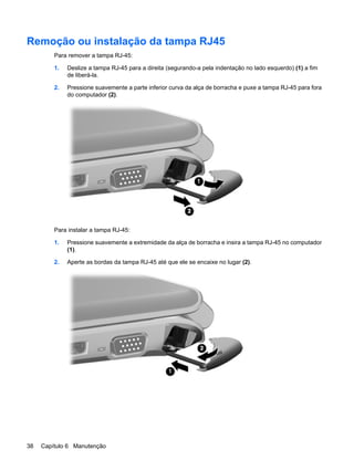 Remoção ou instalação da tampa RJ45
Para remover a tampa RJ-45:
1. Deslize a tampa RJ-45 para a direita (segurando-a pela indentação no lado esquerdo) (1) a fim
de liberá-la.
2. Pressione suavemente a parte inferior curva da alça de borracha e puxe a tampa RJ-45 para fora
do computador (2).
Para instalar a tampa RJ-45:
1. Pressione suavemente a extremidade da alça de borracha e insira a tampa RJ-45 no computador
(1).
2. Aperte as bordas da tampa RJ-45 até que ele se encaixe no lugar (2).
38 Capítulo 6 Manutenção
 