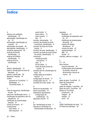 Índice
A
abertura de ventilação,
identificação 10
alimentação, identificação da
luz 10
alimentação, identificação do
conector 10
alimentação de entrada 48
alto-falantes, identificação 8
ambiente operacional 49
antenas de WLAN,
identificação 11
antenas de WWAN,
identificação 11
antenas sem fio,
identificação 11
B
bateria, identificação 12
bateria, identificação da trava de
liberação 12
bateria, substituição 28
Bluetooth, etiqueta 47
botões
esquerdo do TouchPad 5
liga/desliga 6
TouchPad direito 5
C
cabo de segurança, identificação
do slot 10
caps lock, identificação da luz 5
Certificação de dispositivo sem fio,
etiqueta de 47
Certificado de Autenticidade,
etiqueta 47
Chave do Produto 47
componentes
lado direito 9
lado esquerdo 10
parte frontal 8
parte inferior 12
parte superior 4
tela 11
conector, alimentação 10
conector de entrada de áudio
(microfone), identificação 9
conector de fones de ouvido
(saída) 9
conector de rede, identificação 9
conector de saída de áudio (fones
de ouvido), identificação 9
conectores
entrada de áudio
(microfone) 9
rede 9
RJ-45 (rede) 9
saída de áudio (fones de
ouvido) 9
conexão sem fio, identificação da
tecla 22
configuração da conexão à
Internet 17
configuração de WLAN 17
configuração sem fio 17
controles de mídia, teclas 22
D
discos de recuperação 41
discos suportados 41
dispositivos apontadores
configuração de
preferências 23
dispositivo WLAN 47
E
esc, identificação da tecla 7
etiqueta do Certificado de
Autenticidade da Microsoft 47
etiquetas
Bluetooth 47
certificação de dispositivo sem
fio 47
Certificado de Autenticidade
Microsoft 47
módulo HP Mobile
Broadband 47
número de série 47
regulamentação 47
SIM 47
WLAN 47
exibição, alternar a imagem 22
F
f11 43
fazer backup
arquivos pessoais 44
configurações personalizadas
de janelas, barras de
ferramentas e barras de
menus 44
G
gesto de girar, TouchPad 27
gesto de pinçamento,
TouchPad 26
gesto de rolagem, TouchPad 26
gesto de zoom, TouchPad 26
gestos do TouchPad
pinçamento 26
rolagem 26
rotação 27
zoom 26
H
HDMI, identificação da porta 10
HP Recovery Manager 42
50 Índice
 