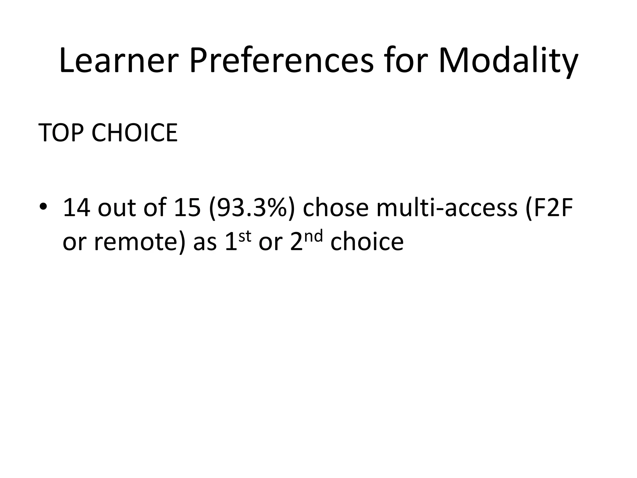 Learner Preferences for Modality
TOP CHOICE
• 14 out of 15 (93.3%) chose multi-access (F2F
or remote) as 1st or 2nd choice
 