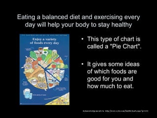 Eating a balanced diet and exercising every day will help your body to stay healthy This type of chart is called a "Pie Chart". It gives some ideas of which foods are good for you and how much to eat. Acknow l ed g emen ts   t o :  h tt p : //www . cyh . com/ S ubDe f au lt. a s px ? p = 255 