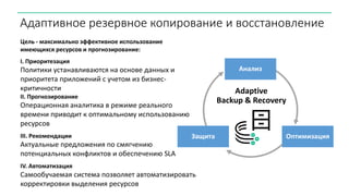 Адаптивное резервное копирование и восстановление
Анализ
Защита Оптимизация
Adaptive
Backup & Recovery
Цель - максимально эффективное использование
имеющихся ресурсов и прогнозирование:
I. Приоритезация
Политики устанавливаются на основе данных и
приоритета приложений с учетом из бизнес-
критичности
II. Прогнозирование
Операционная аналитика в режиме реального
времени приводит к оптимальному использованию
ресурсов
III. Рекомендации
Актуальные предложения по смягчению
потенциальных конфликтов и обеспечению SLA
IV. Автоматизация
Самообучаемая система позволяет автоматизировать
корректировки выделения ресурсов
 