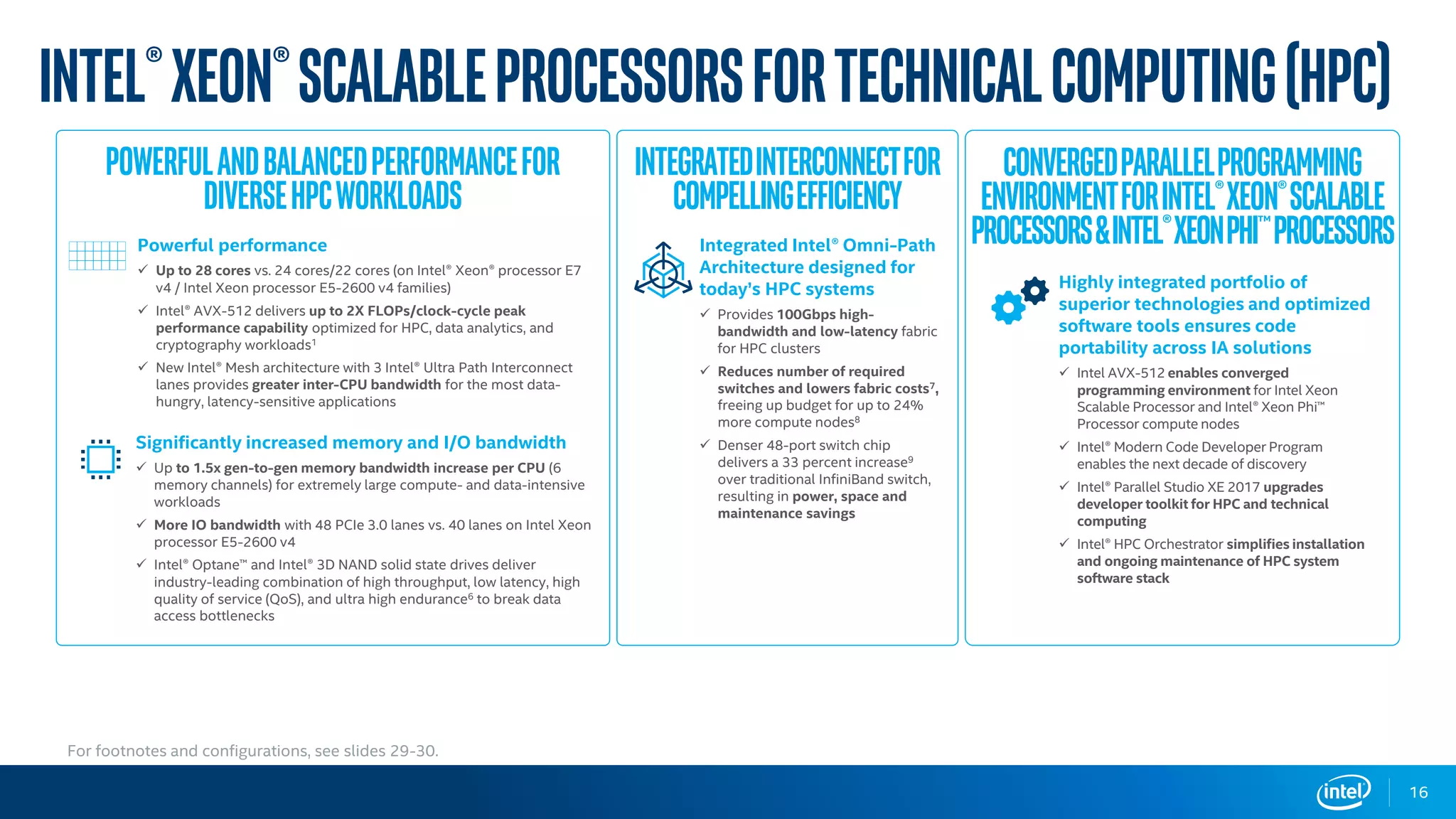 Intel®Xeon®ScalableProcessorsforTechnicalComputing(HPC)
powerfulandbalancedperformancefor
diversehpcworkloads
Powerful performance
 Up to 28 cores vs. 24 cores/22 cores (on Intel® Xeon® processor E7
v4 / Intel Xeon processor E5-2600 v4 families)
 Intel® AVX-512 delivers up to 2X FLOPs/clock-cycle peak
performance capability optimized for HPC, data analytics, and
cryptography workloads1
 New Intel® Mesh architecture with 3 Intel® Ultra Path Interconnect
lanes provides greater inter-CPU bandwidth for the most data-
hungry, latency-sensitive applications
Significantly increased memory and I/O bandwidth
 Up to 1.5x gen-to-gen memory bandwidth increase per CPU (6
memory channels) for extremely large compute- and data-intensive
workloads
 More IO bandwidth with 48 PCIe 3.0 lanes vs. 40 lanes on Intel Xeon
processor E5-2600 v4
 Intel® Optane™ and Intel® 3D NAND solid state drives deliver
industry-leading combination of high throughput, low latency, high
quality of service (QoS), and ultra high endurance6 to break data
access bottlenecks
integratedinterconnectfor
compellingefficiency
Integrated Intel® Omni-Path
Architecture designed for
today’s HPC systems
 Provides 100Gbps high-
bandwidth and low-latency fabric
for HPC clusters
 Reduces number of required
switches and lowers fabric costs7,
freeing up budget for up to 24%
more compute nodes8
 Denser 48-port switch chip
delivers a 33 percent increase9
over traditional InfiniBand switch,
resulting in power, space and
maintenance savings
convergedparallelprogramming
environmentforIntel®Xeon®scalable
processors&Intel®XeonPHi™processors
Highly integrated portfolio of
superior technologies and optimized
software tools ensures code
portability across IA solutions
 Intel AVX-512 enables converged
programming environment for Intel Xeon
Scalable Processor and Intel® Xeon Phi™
Processor compute nodes
 Intel® Modern Code Developer Program
enables the next decade of discovery
 Intel® Parallel Studio XE 2017 upgrades
developer toolkit for HPC and technical
computing
 Intel® HPC Orchestrator simplifies installation
and ongoing maintenance of HPC system
software stack
16
For footnotes and configurations, see slides 29-30.
 