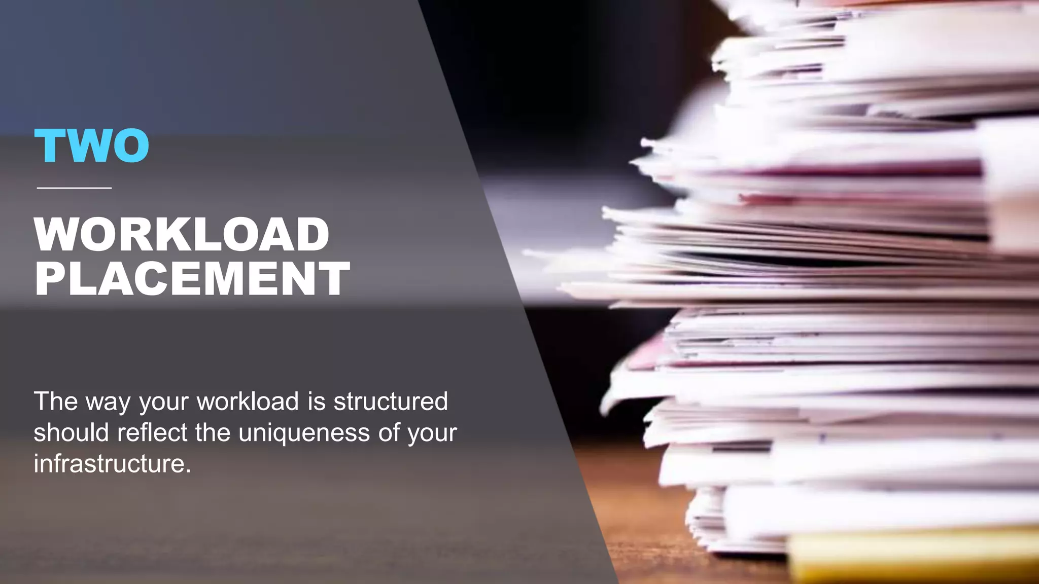 The way your workload is structured
should reflect the uniqueness of your
infrastructure.
TWO
WORKLOAD
PLACEMENT
 