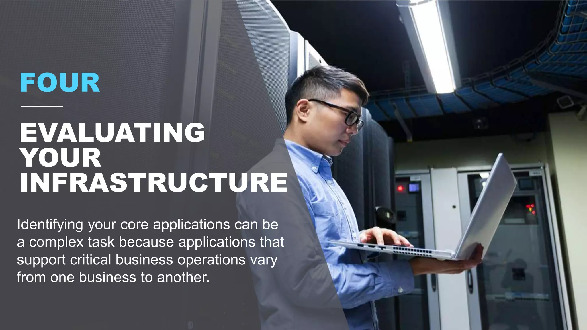 FOUR
EVALUATING
YOUR
INFRASTRUCTURE
Identifying your core applications can be
a complex task because applications that
support critical business operations vary
from one business to another.
 