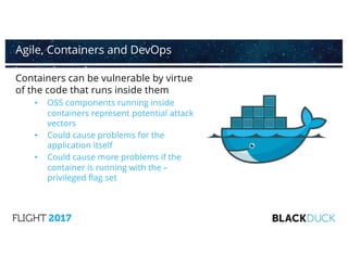 Containers can be vulnerable by virtue
of the code that runs inside them
• OSS components running inside
containers repres...