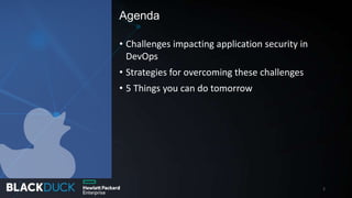• Challenges impacting application security in
DevOps
• Strategies for overcoming these challenges
• 5 Things you can do tomorrow
Agenda
2
 