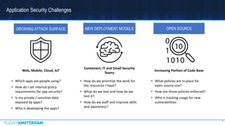 GROWING ATTACK SURFACE NEW DEPLOYMENT MODELS
Web, Mobile, Cloud, IoT
Containers, IT and Small Security
Teams
• Which apps are people using?
• How do I set internal policy
requirements for app security?
• Is my private / sensitive data
exposed by apps?
• Who is developing the apps?
• How do we prioritize the work for
the resources I have?
• What do we test and how do we
test it?
• How do we staff and improve skills
and awareness?
OPEN SOURCE
Increasing Portion of Code Base
• What policies are in place for
open source use?
• How are those policies enforced?
• Who is tracking usage for new
vulnerabilities
Application Security Challenges
4
 