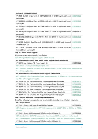Router-switch.com 13
Registered DIMMs (RDIMMs)
HPE 8GB (1x8GB) Single Rank x8 DDR4-2666 CAS-19-19-19 Registered Smart
Memory Kit
838079-B21
HPE 16GB (1x16GB) Dual Rank x8 DDR4-2666 CAS-19-19-19 Registered Smart
Memory Kit
838089-B21
HPE 32GB (1x32GB) Dual Rank x4 DDR4-2666 CAS-19-19-19 Registered Smart
Memory Kit
838083-B21
HPE 64GB (1x64GB) Dual Rank x4 DDR4-2666 CAS-19-19-19 Registered Smart
Memory Kit
P05592-B21
HPE 16GB (1x16GB) Single Rank x4 DDR4-2666 CAS-19-19-19 Registered Smart
Memory Kit
838081-B21
HPE 64GB (1x64GB) Quad Rank x4 DDR4-2666 CAS-19-19-19 Load Reduced
Smart Memory Kit
838085-B21
HPE 128GB (1x128GB) Octal Rank x4 DDR4-2666 CAS-22-19-19 3DS Load
Reduced Smart Memory Kit
838087-B21
Step 2c: Choose Power Supplies
Select one or two power supplies from below.
NOTE: Mixing of 2 different power supplies is NOT allowed.
HPE ProLiant Gen10 Entry Level Server Power Supplies – Non-Redundant
HPE 500W Low Halogen FIO Power Supply Kit 837074-B21
NOTE: This is a Factory Installed Option (FIO) only.
NOTE: Supports Gold-level efficiency (92%) with a standard C14 inlet connector. No support for HPE
Power Discovery Services.
HPE ProLiant Gen10 Flexible Slot Power Supplies – Redundant
NOTE: HPE DL325 Gen10 Redundant Power Supply Enablement Kit (P04983-B21) is mandatory to use
any of the following power supplies.
HPE 500W Flex Slot Platinum Hot Plug Low Halogen Power Supply Kit 865408-B21
HPE 800W Flex Slot Platinum Hot Plug Low Halogen Power Supply Kit 865414-B21
HPE 800W Flex Slot Titanium Hot Plug Low Halogen Power Supply Kit 865438-B21
HPE 800W Flex Slot -48VDC Hot Plug Low Halogen Power Supply Kit 865434-B21
HPE 1600W Flex Slot Platinum Hot Plug Low Halogen Power Supply Kit 830272-B21
HPE 800W Flex Slot Universal Hot Plug Low Halogen Power Supply Kit 865428-B21
Step 3: Choose Additional Factory Integratable Options
One of the following from each list may be selected if desired at time of factory integration
HPE Unique Options
HPE DL325 Gen10 2SFF Smart Array SAS FIO Cable Kit P05036-B21
NOTE: Required to connect the 2SFF FIO Enablement Kit (881179-B21) to E208i-a or P408i-a
controller.
HPE DL325 Gen10 8SFF Embedded SATA Controller FIO Cable Kit P05030-B21
NOTE: Used with the 8SFF CTO to connect to the embedded SATA controller on mother board.
NOTE: The embedded SATA controller works only in the AHCI mode and does not support SW RAID.
HPE DL325 Gen10 2SFF Embedded SATA Controller FIO Cable Kit P05039-B21
 