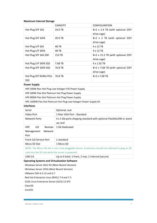 Router-switch.com 7
Maximum Internal Storage
CAPACITY CONFIGURATION
Hot Plug SFF SAS 24.0 TB 8+2 x 2.4 TB (with optional 2SFF
drive cage)
Hot Plug SFF SATA 20.0 TB 8+2 x 2 TB (with optional 2SFF
drive cage)
Hot Plug LFF SAS 48 TB 4 x 12 TB
Hot Plug LFF SATA 48 TB 4 x 12 TB
Hot Plug SFF SAS SSD 153 TB 8+2 x 15.3 TB (with optional 2SFF
drive cage)
Hot Plug LFF SATA SSD 7.68 TB 4 x 1.92 TB
Hot Plug SFF SATA SSD 76.8 TB 8+2 x 7.68 TB (with optional 2SFF
drive cage)
Hot Plug SFF NVMe PCIe
SSD
76.8 TB 8+2 x 7.68 TB
Power Supply
HPE 500W Non Hot Plug Low Halogen FIO Power Supply
HPE 500W Flex Slot Platinum Hot Plug Power Supply
HPE 800W Flex Slot Platinum Hot Plug Power Supply
HPE 1600W Flex Slot Platinum Hot Plug Low Halogen Power Supply Kit
Interfaces
Serial Optional, rear
Video Port 1 Rear VGA Port - Standard
Network Ports 4 x 1 Gb ports shipping standard with optional FlexibleLOM or stand
up card
HPE iLO Remote
Management Network
Port
1 Gb Dedicated
Front iLO Service Port 1 standard
Micro SD Slot 1 Micro SD
NOTE: The Micro SD slot is not a hot-pluggable device. Customers should not attempt to plug an SD
card into the SD slot while the server is powered.
USB 3.0 Up to 4 total: 1 front, 2 rear, 1 internal (secure)
Operating Systems and Virtualization Software
· Windows Server 2012 R2 (Most Recent Version)
· Windows Server 2016 (Most Recent Version)
· VMware ESXi 6.5 U2 and 6.7
· Red Hat Enterprise Linux (RHEL) 7.4 and 7.5
· SUSE Linux Enterprise Server (SLES) 12 SP3
· ClearOS
· CentOS
 