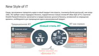 New Style of IT
Среда, где возможно превратить идею в новый продукт или отрасль, становится более доступной, чем когда-
либо. Это требует новых подходов в бизнесе, подкрепленных новым стилем ИТ (New Style of IT). Стратегия
Hewlett Packard Enterprise заключается в предоставлении ценности бизнесу, основанной на сокращении
времени, необходимого для превращения идеи в реализованный продукт.
 
