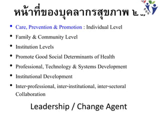 หน้าที่ของบุคลากรสุขภาพ ๒๑
• Care, Prevention & Promotion : Individual Level
• Family & Community Level
• Institution Levels
• Promote Good Social Determinants of Health
• Professional, Technology & Systems Development
• Institutional Development
• Inter-professional, inter-institutional, inter-sectoral
Collaboration
Leadership / Change Agent
 