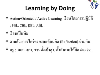 Learning by Doing
• Action-Oriented / Active Learning เรียนโดยการปฏิบัติ
: PBL, CBL, RBL, ABL
• เรียนเป็นทีม
• ตามด้วยการไตร่ตรองสะท้อนคิด(Reflection) ร่วมกัน
• ครู : ออกแบบ, ชวนตั้งเป้าสูง, ตั้งคาถามให้คิด ยั่วยุ/ ช่วย
 