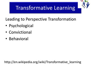 Transformative Learning
Leading to Perspective Transformation
• Psychological
• Convictional
• Behavioral
http://en.wikipedia.org/wiki/Transformative_learning
 