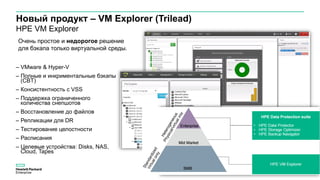 Новый продукт – VM Explorer (Trilead)
HPE VM Explorer
39
– VMware & Hyper-V
– Полные и инкриментальные бэкапы
(CBT)
– Консистентность с VSS
– Поддержка ограниченного
количества снепшотов
– Восстановление до файлов
– Репликации для DR
– Тестирование целостности
– Расписания
– Целевые устройства: Disks, NAS,
Cloud, Tapes
Очень простое и недорогое решение
для бэкапа только виртуальной среды.
 