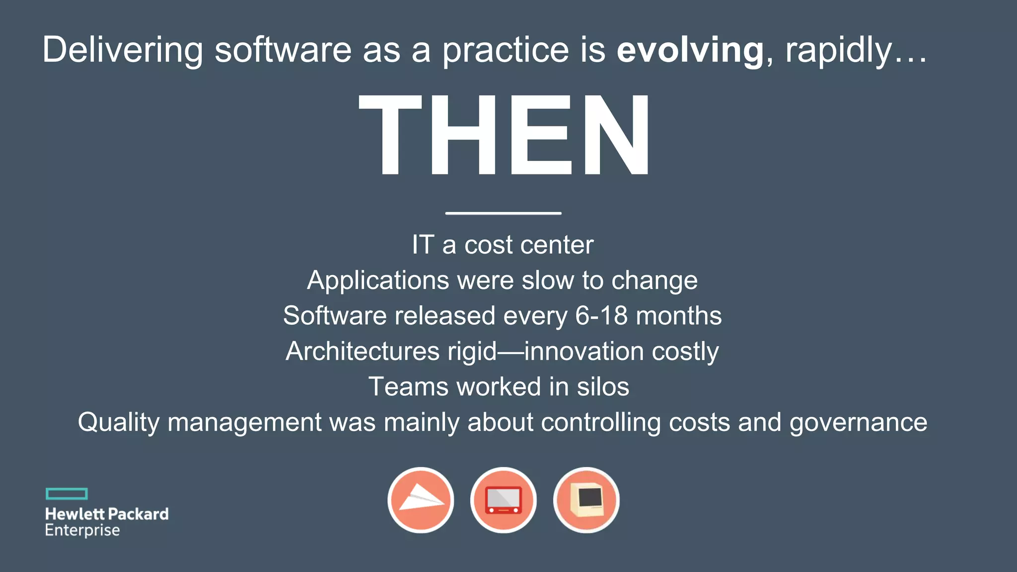 IT a cost center Applications were slow to change Software released every 6-18 months Architectures rigid—innovation costly Teams worked in silos Quality management was mainly about controlling costs and governance Delivering software as a practice is evolving, rapidly… THEN 