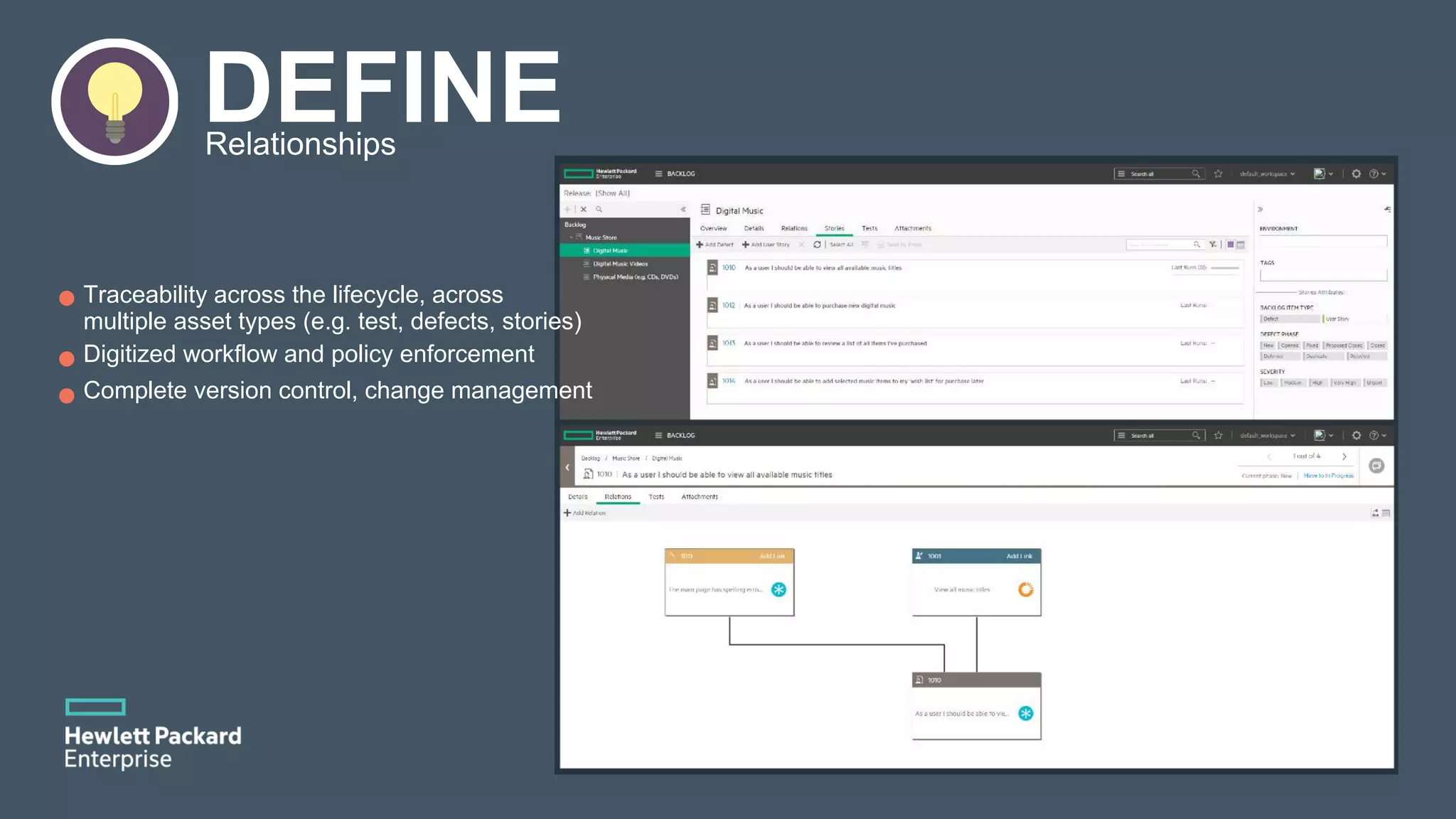 DEFINERelationships Traceability across the lifecycle, across multiple asset types (e.g. test, defects, stories) Digitized workflow and policy enforcement Complete version control, change management 