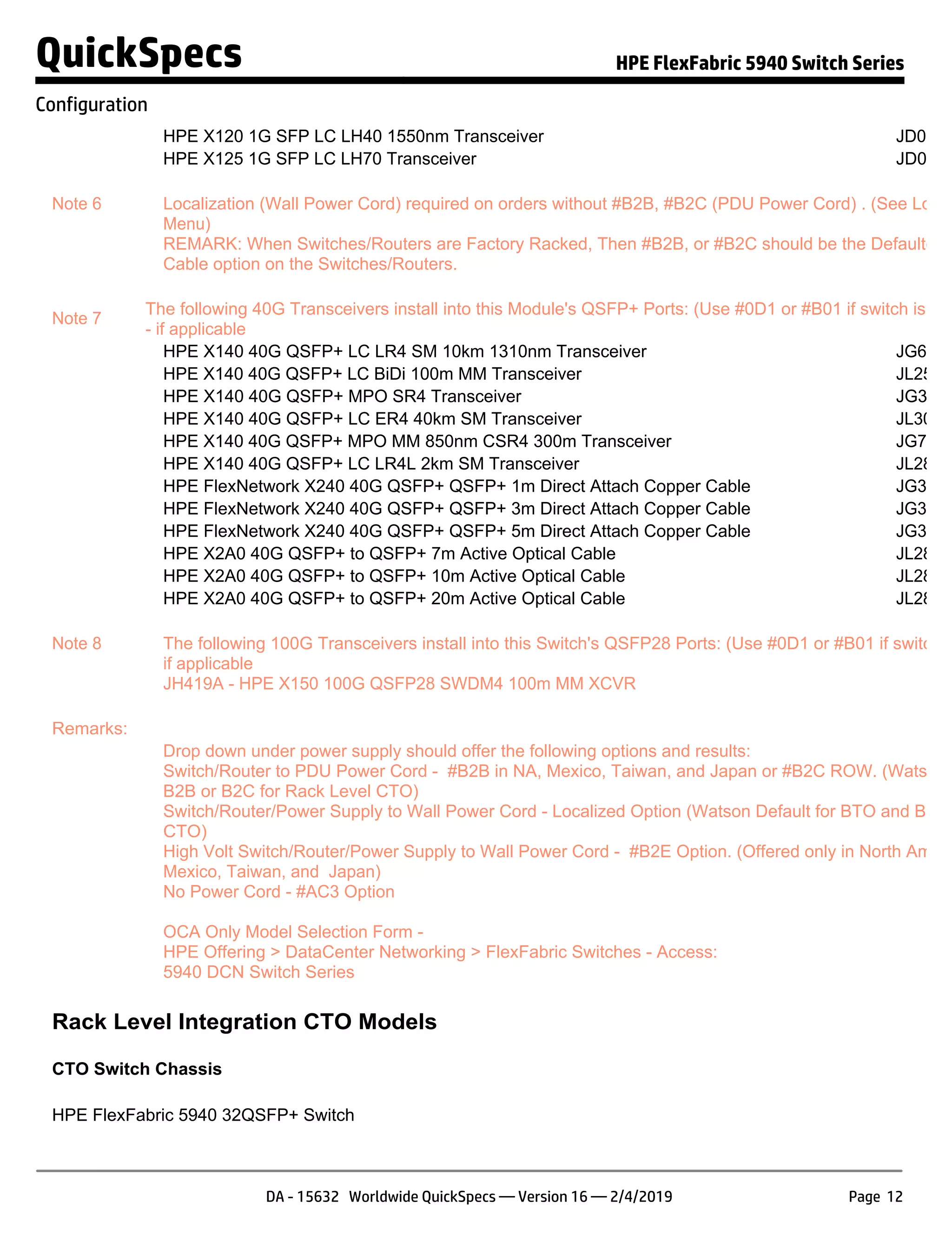 HPE X120 1G SFP LC LH40 1550nm Transceiver JD062A
HPE X125 1G SFP LC LH70 Transceiver JD063B
Note 6 Localization (Wall Power Cord) required on orders without #B2B, #B2C (PDU Power Cord) . (See Local
Menu)
REMARK: When Switches/Routers are Factory Racked, Then #B2B, or #B2C should be the Defaulted P
Cable option on the Switches/Routers.
Note 7
The following 40G Transceivers install into this Module's QSFP+ Ports: (Use #0D1 or #B01 if switch is CT
- if applicable
HPE X140 40G QSFP+ LC LR4 SM 10km 1310nm Transceiver JG661A
HPE X140 40G QSFP+ LC BiDi 100m MM Transceiver JL251A
HPE X140 40G QSFP+ MPO SR4 Transceiver JG325B
HPE X140 40G QSFP+ LC ER4 40km SM Transceiver JL306A
HPE X140 40G QSFP+ MPO MM 850nm CSR4 300m Transceiver JG709A
HPE X140 40G QSFP+ LC LR4L 2km SM Transceiver JL286A
HPE FlexNetwork X240 40G QSFP+ QSFP+ 1m Direct Attach Copper Cable JG326A
HPE FlexNetwork X240 40G QSFP+ QSFP+ 3m Direct Attach Copper Cable JG327A
HPE FlexNetwork X240 40G QSFP+ QSFP+ 5m Direct Attach Copper Cable JG328A
HPE X2A0 40G QSFP+ to QSFP+ 7m Active Optical Cable JL287A
HPE X2A0 40G QSFP+ to QSFP+ 10m Active Optical Cable JL288A
HPE X2A0 40G QSFP+ to QSFP+ 20m Active Optical Cable JL289A
Note 8 The following 100G Transceivers install into this Switch's QSFP28 Ports: (Use #0D1 or #B01 if switch is
if applicable
JH419A - HPE X150 100G QSFP28 SWDM4 100m MM XCVR
Remarks:
Drop down under power supply should offer the following options and results:
Switch/Router to PDU Power Cord - #B2B in NA, Mexico, Taiwan, and Japan or #B2C ROW. (Watson D
B2B or B2C for Rack Level CTO)
Switch/Router/Power Supply to Wall Power Cord - Localized Option (Watson Default for BTO and Box L
CTO)
High Volt Switch/Router/Power Supply to Wall Power Cord - #B2E Option. (Offered only in North Americ
Mexico, Taiwan, and Japan)
No Power Cord - #AC3 Option
OCA Only Model Selection Form -
HPE Offering > DataCenter Networking > FlexFabric Switches - Access:
5940 DCN Switch Series
Rack Level Integration CTO Models
CTO Switch Chassis
HPE FlexFabric 5940 32QSFP+ Switch JH
QuickSpecs HPE FlexFabric 5940 Switch Series
Configuration
DA - 15632 Worldwide QuickSpecs — Version 16 — 2/4/2019 Page 12
 