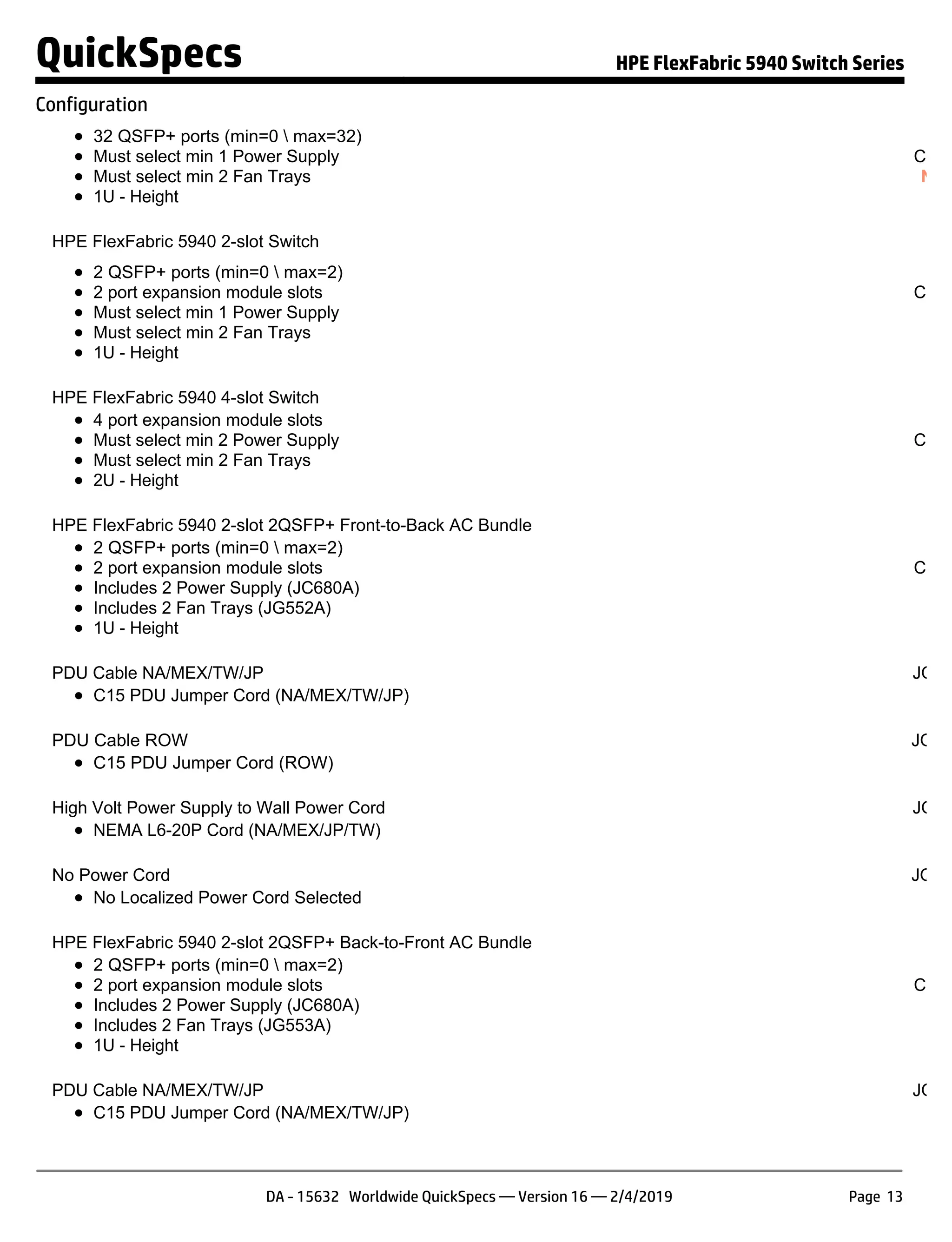 32 QSFP+ ports (min=0  max=32)
Must select min 1 Power Supply
Must select min 2 Fan Trays
1U - Height
S
Confi
NOT
HPE FlexFabric 5940 2-slot Switch JH
2 QSFP+ ports (min=0  max=2)
2 port expansion module slots
Must select min 1 Power Supply
Must select min 2 Fan Trays
1U - Height
S
Confi
NO
HPE FlexFabric 5940 4-slot Switch JH
4 port expansion module slots
Must select min 2 Power Supply
Must select min 2 Fan Trays
2U - Height
S
Confi
NO
HPE FlexFabric 5940 2-slot 2QSFP+ Front-to-Back AC Bundle JQ
2 QSFP+ ports (min=0  max=2)
2 port expansion module slots
Includes 2 Power Supply (JC680A)
Includes 2 Fan Trays (JG552A)
1U - Height
S
Confi
NO
PDU Cable NA/MEX/TW/JP JQ04
C15 PDU Jumper Cord (NA/MEX/TW/JP)
PDU Cable ROW JQ04
C15 PDU Jumper Cord (ROW)
High Volt Power Supply to Wall Power Cord JQ04
NEMA L6-20P Cord (NA/MEX/JP/TW)
No Power Cord JQ04
No Localized Power Cord Selected
HPE FlexFabric 5940 2-slot 2QSFP+ Back-to-Front AC Bundle JQ
2 QSFP+ ports (min=0  max=2)
2 port expansion module slots
Includes 2 Power Supply (JC680A)
Includes 2 Fan Trays (JG553A)
1U - Height
S
Confi
NO
PDU Cable NA/MEX/TW/JP JQ04
C15 PDU Jumper Cord (NA/MEX/TW/JP)
QuickSpecs HPE FlexFabric 5940 Switch Series
Configuration
DA - 15632 Worldwide QuickSpecs — Version 16 — 2/4/2019 Page 13
 