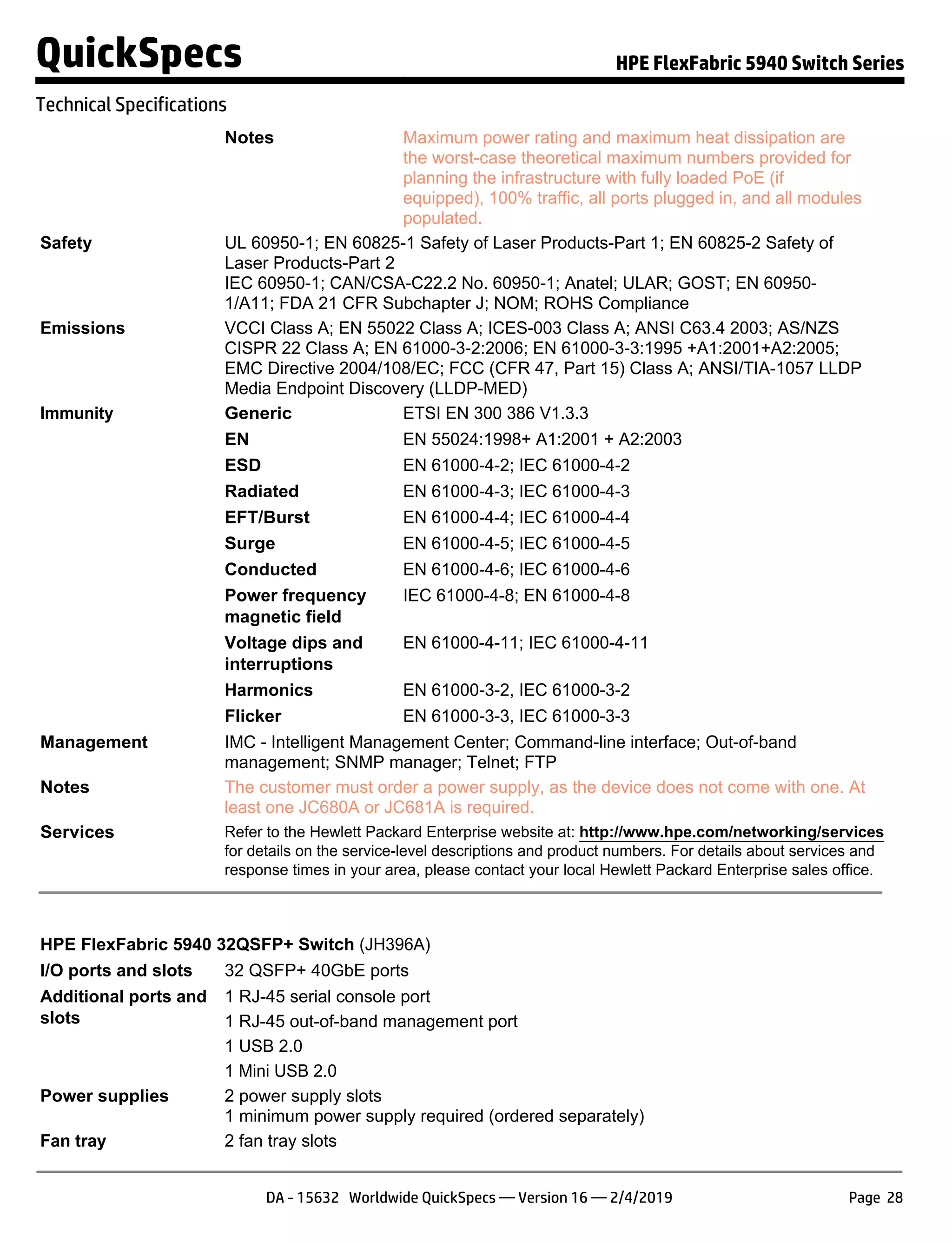 Notes Maximum power rating and maximum heat dissipation are
the worst-case theoretical maximum numbers provided for
planning the infrastructure with fully loaded PoE (if
equipped), 100% traffic, all ports plugged in, and all modules
populated.
Safety UL 60950-1; EN 60825-1 Safety of Laser Products-Part 1; EN 60825-2 Safety of
Laser Products-Part 2
IEC 60950-1; CAN/CSA-C22.2 No. 60950-1; Anatel; ULAR; GOST; EN 60950-
1/A11; FDA 21 CFR Subchapter J; NOM; ROHS Compliance
Emissions VCCI Class A; EN 55022 Class A; ICES-003 Class A; ANSI C63.4 2003; AS/NZS
CISPR 22 Class A; EN 61000-3-2:2006; EN 61000-3-3:1995 +A1:2001+A2:2005;
EMC Directive 2004/108/EC; FCC (CFR 47, Part 15) Class A; ANSI/TIA-1057 LLDP
Media Endpoint Discovery (LLDP-MED)
Immunity Generic ETSI EN 300 386 V1.3.3
EN EN 55024:1998+ A1:2001 + A2:2003
ESD EN 61000-4-2; IEC 61000-4-2
Radiated EN 61000-4-3; IEC 61000-4-3
EFT/Burst EN 61000-4-4; IEC 61000-4-4
Surge EN 61000-4-5; IEC 61000-4-5
Conducted EN 61000-4-6; IEC 61000-4-6
Power frequency
magnetic field
IEC 61000-4-8; EN 61000-4-8
Voltage dips and
interruptions
EN 61000-4-11; IEC 61000-4-11
Harmonics EN 61000-3-2, IEC 61000-3-2
Flicker EN 61000-3-3, IEC 61000-3-3
Management IMC - Intelligent Management Center; Command-line interface; Out-of-band
management; SNMP manager; Telnet; FTP
Notes The customer must order a power supply, as the device does not come with one. At
least one JC680A or JC681A is required.
Services Refer to the Hewlett Packard Enterprise website at: http://www.hpe.com/networking/services
for details on the service-level descriptions and product numbers. For details about services and
response times in your area, please contact your local Hewlett Packard Enterprise sales office.
HPE FlexFabric 5940 32QSFP+ Switch (JH396A)
I/O ports and slots 32 QSFP+ 40GbE ports
Additional ports and
slots
1 RJ-45 serial console port
1 RJ-45 out-of-band management port
1 USB 2.0
1 Mini USB 2.0
Power supplies 2 power supply slots
1 minimum power supply required (ordered separately)
Fan tray 2 fan tray slots
QuickSpecs HPE FlexFabric 5940 Switch Series
Technical Specifications
DA - 15632 Worldwide QuickSpecs — Version 16 — 2/4/2019 Page 28
 