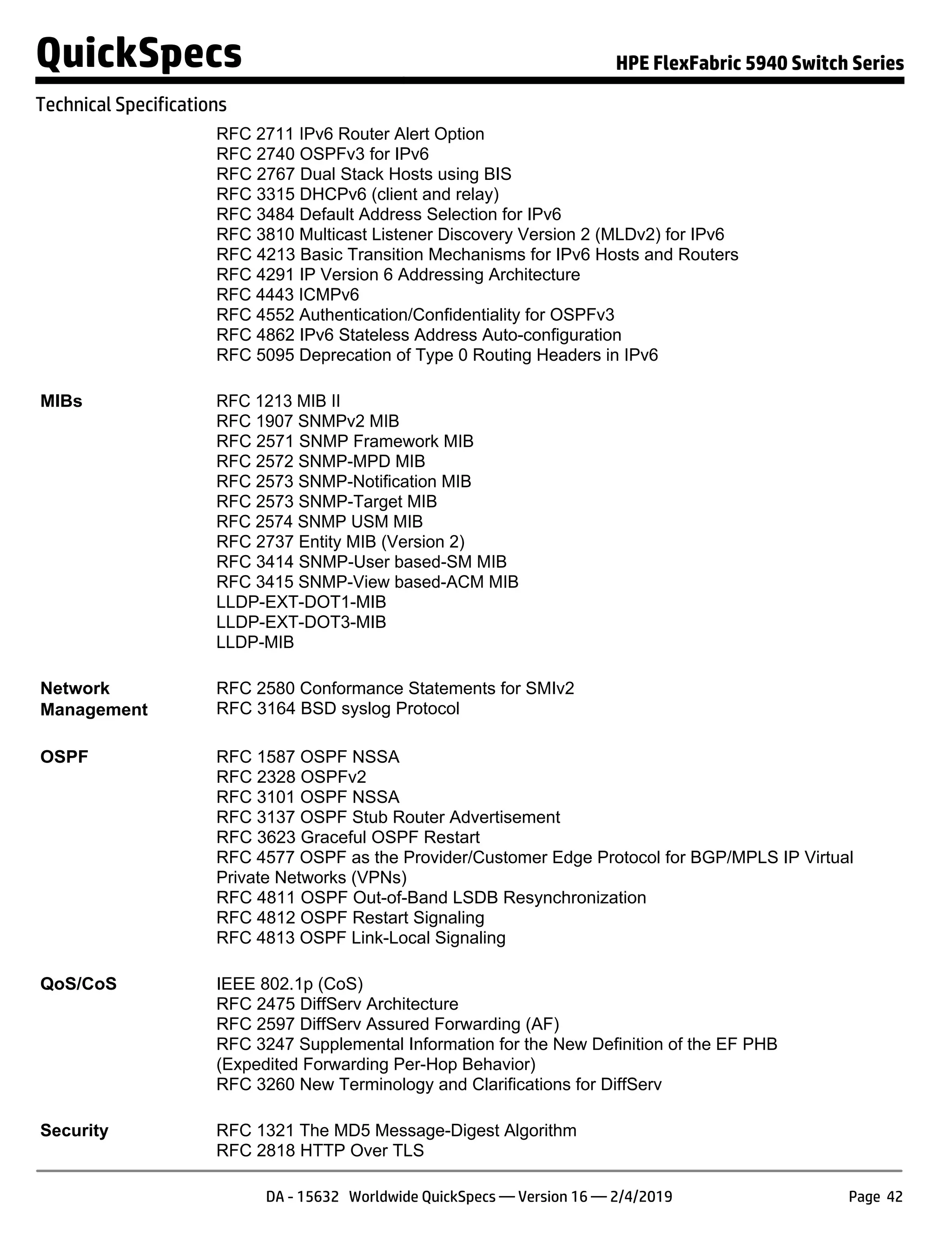 RFC 2711 IPv6 Router Alert Option
RFC 2740 OSPFv3 for IPv6
RFC 2767 Dual Stack Hosts using BIS
RFC 3315 DHCPv6 (client and relay)
RFC 3484 Default Address Selection for IPv6
RFC 3810 Multicast Listener Discovery Version 2 (MLDv2) for IPv6
RFC 4213 Basic Transition Mechanisms for IPv6 Hosts and Routers
RFC 4291 IP Version 6 Addressing Architecture
RFC 4443 ICMPv6
RFC 4552 Authentication/Confidentiality for OSPFv3
RFC 4862 IPv6 Stateless Address Auto-configuration
RFC 5095 Deprecation of Type 0 Routing Headers in IPv6
MIBs RFC 1213 MIB II
RFC 1907 SNMPv2 MIB
RFC 2571 SNMP Framework MIB
RFC 2572 SNMP-MPD MIB
RFC 2573 SNMP-Notification MIB
RFC 2573 SNMP-Target MIB
RFC 2574 SNMP USM MIB
RFC 2737 Entity MIB (Version 2)
RFC 3414 SNMP-User based-SM MIB
RFC 3415 SNMP-View based-ACM MIB
LLDP-EXT-DOT1-MIB
LLDP-EXT-DOT3-MIB
LLDP-MIB
Network
Management
RFC 2580 Conformance Statements for SMIv2
RFC 3164 BSD syslog Protocol
OSPF RFC 1587 OSPF NSSA
RFC 2328 OSPFv2
RFC 3101 OSPF NSSA
RFC 3137 OSPF Stub Router Advertisement
RFC 3623 Graceful OSPF Restart
RFC 4577 OSPF as the Provider/Customer Edge Protocol for BGP/MPLS IP Virtual
Private Networks (VPNs)
RFC 4811 OSPF Out-of-Band LSDB Resynchronization
RFC 4812 OSPF Restart Signaling
RFC 4813 OSPF Link-Local Signaling
QoS/CoS IEEE 802.1p (CoS)
RFC 2475 DiffServ Architecture
RFC 2597 DiffServ Assured Forwarding (AF)
RFC 3247 Supplemental Information for the New Definition of the EF PHB
(Expedited Forwarding Per-Hop Behavior)
RFC 3260 New Terminology and Clarifications for DiffServ
Security RFC 1321 The MD5 Message-Digest Algorithm
RFC 2818 HTTP Over TLS
QuickSpecs HPE FlexFabric 5940 Switch Series
Technical Specifications
DA - 15632 Worldwide QuickSpecs — Version 16 — 2/4/2019 Page 42
 