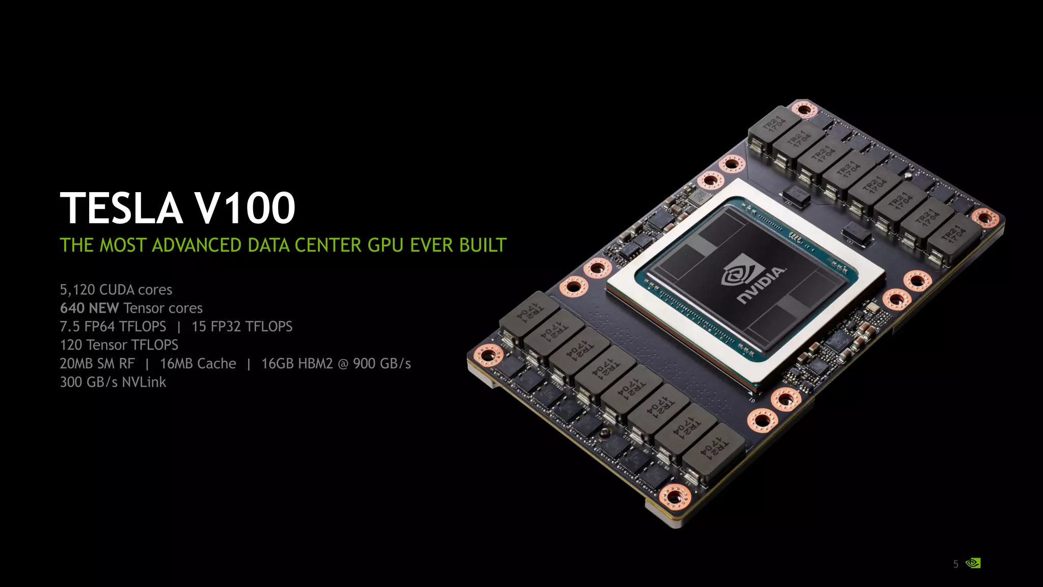 5
TESLA V100
THE MOST ADVANCED DATA CENTER GPU EVER BUILT
5,120 CUDA cores
640 NEW Tensor cores
7.5 FP64 TFLOPS | 15 FP32 TFLOPS
120 Tensor TFLOPS
20MB SM RF | 16MB Cache | 16GB HBM2 @ 900 GB/s
300 GB/s NVLink
 