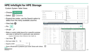 HPE InfoSight for HPE Storage
– Choose
– Select
– Expand the nodes, use the Search option to
select from the many availabl...