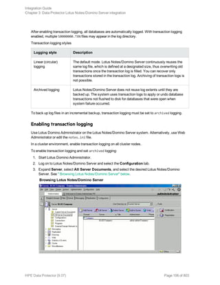 After enabling transaction logging, all databases are automatically logged. With transaction logging
enabled, multiple S0000000.TXN files may appear in the log directory.
Transaction logging styles
Logging style Description
Linear (circular)
logging
The default mode. Lotus Notes/Domino Server continuously reuses the
same log file, which is defined at a designated size, thus overwriting old
transactions once the transaction log is filled. You can recover only
transactions stored in the transaction log. Archiving of transaction logs is
not possible.
Archived logging Lotus Notes/Domino Server does not reuse log extents until they are
backed up. The system uses transaction logs to apply or undo database
transactions not flushed to disk for databases that were open when
system failure occurred.
To back up log files in an incremental backup, transaction logging must be set to archived logging.
Enabling transaction logging
Use Lotus Domino Administrator on the Lotus Notes/Domino Server system. Alternatively, use Web
Administrator or edit the notes.ini file.
In a cluster environment, enable transaction logging on all cluster nodes.
To enable transaction logging and set archived logging:
1. Start Lotus Domino Administrator.
2. Log on to Lotus Notes/Domino Server and select the Configuration tab.
3. Expand Server, select All Server Documents, and select the desired Lotus Notes/Domino
Server. See " Browsing Lotus Notes/Domino Server" below.
Browsing Lotus Notes/Domino Server
Integration Guide
Chapter 3: Data Protector Lotus Notes/Domino Server integration
HPE Data Protector (9.07) Page 106 of 803
 