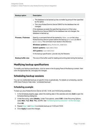 Backup option Description
l The database to be backed up has a smaller log amount than specified
by the option.
l The Lotus Notes/Domino Server DBIID for the database has not
changed.
If the database exceeds the specified log amount or if the Lotus
Notes/Domino Server DBIID for the database has not changed, the
database is backed up.
Pre-exec, Post-exec Specify a command that will be started by ldbar.exe on the Lotus
Notes/Domino Server system before the backup (pre-exec) or after it
(post-exec). The command must reside in the directory:
Windows systems: Data_Protector_homebin
Solaris systems: /opt/omni/lbin
AIX systems: /usr/omni/bin
In the backup specification, provide only the filename.
Backup buffer size The size of the buffer used for reading and writing data during the backup.
Modifying backup specifications
To modify your backup specification, click its name in the Scoping Pane of the Backup context, then
click the appropriate tab, and apply the changes.
Scheduling backup sessions
You can run unattended backups at specific times or periodically. For details on scheduling, see the
HPE Data Protector Help index: “scheduled backups”.
Scheduling example
To back up Lotus Notes/Domino Server at 9:00, 13:00, and 18:00 during weekdays:
1. In the Schedule property page, select the starting date in the calendar and click Add to open the
Schedule Backup dialog box.
2. Under Recurring, select Weekly. Under Time options, select 9:00. Under Recurring Options,
select Mon, Tue, Wed, Thu, and Fri. See "Scheduling backup sessions " on the next page.
Click OK.
3. Repeat Step 1 and Step 2 to schedule backups at 13:00 and 18:00.
4. Click Apply to save the changes.
Integration Guide
Chapter 3: Data Protector Lotus Notes/Domino Server integration
HPE Data Protector (9.07) Page 115 of 803
 