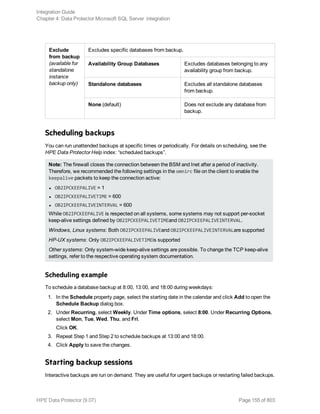 Exclude
from backup
(available for
standalone
instance
backup only)
Excludes specific databases from backup.
Availability Group Databases Excludes databases belonging to any
availability group from backup.
Standalone databases Excludes all standalone databases
from backup.
None (default) Does not exclude any database from
backup.
Scheduling backups
You can run unattended backups at specific times or periodically. For details on scheduling, see the
HPE Data Protector Help index: “scheduled backups”.
Note: The firewall closes the connection between the BSM and Inet after a period of inactivity.
Therefore, we recommended the following settings in the omnirc file on the client to enable the
keepalive packets to keep the connection active:
l OB2IPCKEEPALIVE = 1
l OB2IPCKEEPALIVETIME = 600
l OB2IPCKEEPALIVEINTERVAL = 600
While OB2IPCKEEPALIVE is respected on all systems, some systems may not support per-socket
keep-alive settings defined by OB2IPCKEEPALIVETIMEand OB2IPCKEEPALIVEINTERVAL.
Windows, Linux systems: Both OB2IPCKEEPALIVEand OB2IPCKEEPALIVEINTERVALare supported
HP-UX systems: Only OB2IPCKEEPALIVETIMEis supported
Other systems: Only system-wide keep-alive settings are possible. To change the TCP keep-alive
settings, refer to the respective operating system documentation.
Scheduling example
To schedule a database backup at 8:00, 13:00, and 18:00 during weekdays:
1. In the Schedule property page, select the starting date in the calendar and click Add to open the
Schedule Backup dialog box.
2. Under Recurring, select Weekly. Under Time options, select 8:00. Under Recurring Options,
select Mon, Tue, Wed, Thu, and Fri.
Click OK.
3. Repeat Step 1 and Step 2 to schedule backups at 13:00 and 18:00.
4. Click Apply to save the changes.
Starting backup sessions
Interactive backups are run on demand. They are useful for urgent backups or restarting failed backups.
Integration Guide
Chapter 4: Data Protector Microsoft SQL Server integration
HPE Data Protector (9.07) Page 155 of 803
 
