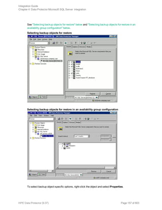 See "Selecting backup objects for restore" below and "Selecting backup objects for restore in an
availability group configuration" below.
Selecting backup objects for restore
Selecting backup objects for restore in an availability group configuration
To select backup object-specific options, right-click the object and select Properties.
Integration Guide
Chapter 4: Data Protector Microsoft SQL Server integration
HPE Data Protector (9.07) Page 157 of 803
 