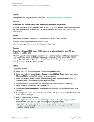 Action
Configure the SQL integration on this client (see "Configuring the integration" on page 136).
Problem
Database is left in unrecovered state after restore completed successfully
If you set the time for Stop at beyond the end of the RESTORE LOG operation, the database remains in
the unrecovered state as if the RESTORE LOG operation was run with Leave the database non-
operational.
Action
Recover the database to the latest point in time by using the SQL Query Analyzer:
RESTORE DATABASE database_name WITH RECOVERY
After the recovery, additional transaction logs cannot be applied.
Problem
Restoring a Microsoft SQL Server 2005 instance to an alternate location when full-text
indexing is enabled fails
When the Use full-text indexing option is enabled for a particular database in a Microsoft SQL Server
2005 instance, the restore session does not complete successfully, since restore of the full-text
catalog of the SQL database fails. The session report contains warning messages about the full-text
catalog file being used by the affected database.
Action
To solve the problem:
1. In the HPE Data Protector Manager, switch to the Restore context.
2. In the Scoping Pane, expand Restore Objects and then MS SQL Server. Select name of the
Microsoft SQL Server for which you want to perform restore.
3. In the Results Area, double-click the bar name corresponding to the particular Microsoft SQL
Server instance. A list of backed up objects gets displayed.
4. Select the desired Microsoft SQL Server database, right-click it, and click Properties.
5. In the Properties window, click the Advanced tab.
6. Select the Restore database with new name option, and enter the new database name in the
text box.
7. For all logical file names that are already present on the list, update contents of the Destination file
name column accordingly.
8. Add the full-text catalog to the list.
In the Logical file name text box, enter the string sysft_Full-Text_Catalog_Name. In the
Destination file name text box, enter the corresponding physical location.
Note: The full-text catalog is always restored to its original location, regardless of the
specified physical location.
Integration Guide
Chapter 4: Data Protector Microsoft SQL Server integration
HPE Data Protector (9.07) Page 173 of 803
 