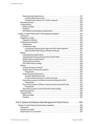 Restoring using another device 531
Using the Data Protector GUI 532
Using the Data Protector CLI or SAP commands 532
Monitoring sessions 532
Troubleshooting 532
Before you begin 532
Problems 533
SAP MaxDB cluster-related troubleshooting 535
Chapter 14: Data Protector SAP HANA Appliance integration 537
Introduction 537
Integration concepts 538
Integration limitations 539
Configuring the integration 540
Prerequisites 540
Configuration steps 540
Linking Data Protector backint agent with SAP HANA Appliance 540
Adjusting SAP HANA backup settings for redo logs 541
Backup 541
Creating backup specifications 542
Creating Data Protector parameter files for SAP HANA 544
Modifying backup specifications 545
Starting backup sessions 545
SAP HANA backup catalog 545
Restore 546
Finding information for restore 546
Starting restore and recovery sessions 546
Prerequisites 546
Restoring using another device 547
Using the Data Protector GUI 547
Using the Data Protector CLI or SAP commands 547
Recovering a system to a different machine and SystemID (SID) 547
Prerequisites 547
Recovering a system to different machine and same SystemID (SID) 548
Prerequisites 548
Recovering a system to same SystemID without catalog 549
Monitoring sessions 550
Troubleshooting 550
Before you begin 550
Problems 551
Part 4: Sybase and Network Data Management Protocol Server 555
Chapter 15: Data Protector Sybase Server integration 556
Introduction 556
Integration concepts 556
Data Protector CLI commands 557
Integration Guide
HPE Data Protector (9.07) Page 18 of 803
 