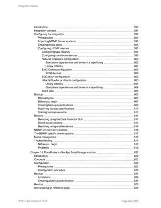 Introduction 590
Integration concept 591
Configuring the integration 592
Prerequisites 593
Importing NDMP Server systems 593
Creating media pools 595
Configuring NDMP devices 595
Configuring tape libraries 597
Configuring standalone devices 599
Network Appliance configuration 600
Standalone tape devices and drives in a tape library 600
Library robotics 601
EMC Celerra configuration 602
SCSI devices 602
EMC Isilon configuration 602
Hitachi BlueArc or Hitachi configuration 603
Library robotics 604
Standalone tape devices and drives in a tape library 604
Block size 605
Backup 605
Backup types 605
Before you begin 607
Creating backup specifications 608
Modifying backup specifications 610
Starting backup sessions 610
Restore 611
Restoring using the Data Protector GUI 611
Direct access restore 613
Restoring using another device 614
NDMP environment variables 614
The NDMP specific omnirc options 617
Media management 618
Troubleshooting 619
Before you begin 619
Problems 619
Chapter 18: Data Protector NetApp SnapManager solution 622
Introduction 622
Concepts 622
Configuration 622
Prerequisites 622
Configuration procedure 623
Backup 624
Limitations 624
Creating a backup specification 624
Restore 626
omnisnapmgr.pl reference page 629
Integration Guide
HPE Data Protector (9.07) Page 20 of 803
 