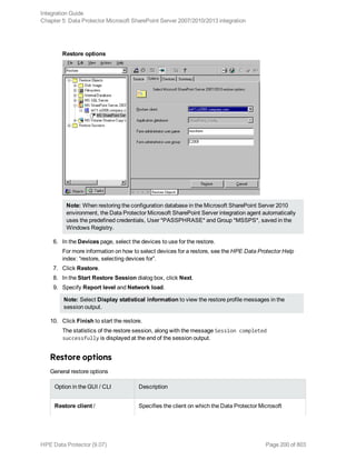 Restore options
Note: When restoring the configuration database in the Microsoft SharePoint Server 2010
environment, the Data Protector Microsoft SharePoint Server integration agent automatically
uses the predefined credentials, User *PASSPHRASE* and Group *MSSPS*, saved in the
Windows Registry.
6. In the Devices page, select the devices to use for the restore.
For more information on how to select devices for a restore, see the HPE Data Protector Help
index: “restore, selecting devices for”.
7. Click Restore.
8. In the Start Restore Session dialog box, click Next.
9. Specify Report level and Network load.
Note: Select Display statistical information to view the restore profile messages in the
session output.
10. Click Finish to start the restore.
The statistics of the restore session, along with the message Session completed
successfully is displayed at the end of the session output.
Restore options
General restore options
Option in the GUI / CLI Description
Restore client / Specifies the client on which the Data Protector Microsoft
Integration Guide
Chapter 5: Data Protector Microsoft SharePoint Server 2007/2010/2013 integration
HPE Data Protector (9.07) Page 200 of 803
 