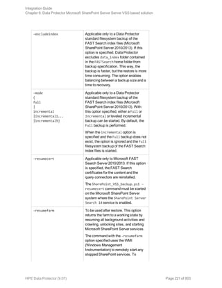 -excludeindex Applicable only to a Data Protector
standard filesystem backup of the
FAST Search index files (Microsoft
SharePoint Server 2010/2013). If this
option is specified, Data Protector
excludes data_index folder contained
in the FASTSearch home folder from
backup specification. This way, the
backup is faster, but the restore is more
time consuming. The option enables
balancing between a backup size and a
time to recovery.
-mode
{
full
|
incremental
|incremental1...
|incremental9}
Applicable only to a Data Protector
standard filesystem backup of the
FAST Search index files (Microsoft
SharePoint Server 2010/2013). With
this option specified, either a Full or
Incremental or leveled incremental
backup can be started. By default, the
Full backup is performed.
When the incremental option is
specified and the Full backup does not
exist, the option is ignored and the Full
filesystem backup of the FAST Search
index files is started.
-resumecert Applicable only to Microsoft FAST
Search Server 2010/2013. If this option
is specified, the FAST Search
certificates for the content and the
query connectors are reinstalled.
The SharePoint_VSS_backup.ps1 –
resumecert command must be started
on the Microsoft SharePoint Server
system where the SharePoint Server
Search 14 service is enabled.
-resumefarm To be used after restore. This option
returns the farm to a working state by
resuming all background activities and
crawling, unlocking sites, and starting
Microsoft SharePoint Server services.
The command with the -resumefarm
option specified uses the WMI
(Windows Management
Instrumentation) to remotely start any
stopped SharePoint services. To
Integration Guide
Chapter 6: Data Protector Microsoft SharePoint Server Server VSS based solution
HPE Data Protector (9.07) Page 221 of 803
 