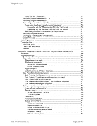 Using the Data Protector CLI 691
Restoring using the Data Protector GUI 691
Restoring using the Data Protector CLI 703
Recovering virtual machines manually 705
Recovering virtual machines after restore to a directory 706
Recovering with the VM configuration file in the VMX format 706
Recovering with the VM configuration file in the XML format 711
Recovering virtual machines after restore to a datacenter 711
Restoring using another device 712
Cleaning up a datastore after a failed restore 712
Disaster recovery 712
Monitoring sessions 713
Troubleshooting 713
Before you begin 713
Checks and verifications 713
Problems 714
Chapter 20: Data Protector Virtual Environment integration for Microsoft Hyper-V 729
Introduction 729
Integration concepts 730
Supported environments 730
Standalone environments 730
Clustered environments 731
Migration of virtual machines 734
Cluster Shared Volumes 735
Hyper-V Replica 735
Virtual machines on Windows file shares 736
Data Protector installation components 736
Data Protector Cell Manager 736
Data Protector Virtual Environment Integration component 737
Data Protector Disk Agent component 737
Data Protector MS Volume Shadow Copy Integration component 737
Data Protector Media Agent component 737
Backup concepts 737
Hyper-V Image backup method 737
Backup types 739
Microsoft Hyper-V backup types 739
VSS backup types 739
Quiescence 740
Restore chain protection 740
Backup considerations 741
Virtual machine storage 741
Concurrent sessions 741
Cluster Shared Volumes (CSV) 741
Virtual machines on SMB file shares 741
Incremental backup 743
Virtual machine replicas 743
Integration Guide
HPE Data Protector (9.07) Page 23 of 803
 
