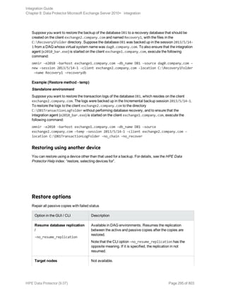 Suppose you want to restore the backup of the database DB1 to a recovery database that should be
created on the client exchange2.company.com and named Recovery1, with the files in the
C:Recovery1Folder directory. Suppose the database DB1 was backed up in the session 2013/5/14-
1 from a DAG whose virtual system name was dag0.company.com. To also ensure that the integration
agent (e2010_bar.exe) is started on the client exchange1.company.com, execute the following
command:
omnir -e2010 -barhost exchange1.company.com –db_name DB1 –source dag0.company.com –
new –session 2013/5/14-1 –client exchange2.company.com -location C:Recovery1Folder
–name Recovery1 –recoverydb
Example (Restore method – temp)
Standalone environment
Suppose you want to restore the transaction logs of the database DB1, which resides on the client
exchange2.company.com. The logs were backed up in the Incremental backup session 2013/5/14-1.
To restore the logs to the client exchange2.company.com to the directory
C:DB1TransactionLogFolder without performing database recovery, and to ensure that the
integration agent (e2010_bar.exe) is started on the client exchange1.company.com, execute the
following command:
omnir -e2010 -barhost exchange1.company.com –db_name DB1 –source
exchange2.company.com –temp –session 2013/5/14-1 –client exchange2.company.com –
location C:DB1TransactionLogFolder -no_chain –no_recover
Restoring using another device
You can restore using a device other than that used for a backup. For details, see the HPE Data
Protector Help index: “restore, selecting devices for”.
Restore options
Repair all passive copies with failed status
Option in the GUI / CLI Description
Resume database replication
/
-no_resume_replication
Available in DAG environments. Resumes the replication
between the active and passive copies after the copies are
restored.
Note that the CLI option -no_resume_replication has the
opposite meaning. If it is specified, the replication in not
resumed.
Target nodes Not available.
Integration Guide
Chapter 8: Data Protector Microsoft Exchange Server 2010+ integration
HPE Data Protector (9.07) Page 295 of 803
 