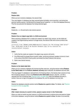 Problem
Restore fails
When you try to restore a database, the session fails.
This may happen if a database has been restored before (probably unsuccessfully), and during that
previous restore session, the Microsoft Exchange Server created an .env file in the database directory.
This file now prevents the database from being restored again.
Action
Delete the .env file and start a new restore session.
Problem
Restore from an object copy fails in a DAG environment
When restoring a database from a media set created in an object copy session, as the media set
created in the original backup session no longer exists, the session fails with an error similar to the
following:
[Critical] From: OB2BAR_E2010_BAR@computer1.company.com "MS Exchange 2010 Server"
Time: 28/02/2013 16:08:12 No mailbox database copy can be selected for
restore/instant recovery.
Action
1. Verify that the media set created in the object copy session still exists.
2. On all Microsoft Exchange Server system nodes, set the environment variable OB2BARHOSTNAME
to the name of the DAG virtual system and restart the Data Protector Inet service.
3. Start a new restore session.
Problem
Restore to the latest state fails
When you try to restore a database all of whose log files were lost, using the restore method Restore
to the latest state with the Perform database recovery option selected, the database recovery fails.
This may happen if a database is restored from a Full backup (that is, the restore chain consists of only
the Full backup session). Since in the Restore to the latest state session, only the .edb file is
restored from the Full backup (see "Restore chain" on page 284), when the database recovery is
started, there are no logs to be applied to the database file, and the database recovery fails.
Action
Restore the database using the restore method Restore to a point in time. For details, see "Restore
to a point in time" on page 282.
Problem
After instant recovery to a point in time, passive copies remain in the Failed state
When you start an instant recovery session in a DAG environment to restore active and passive copies
of the same database, using the restore method Restore to a point in time, the data is successfully
Integration Guide
Chapter 8: Data Protector Microsoft Exchange Server 2010+ integration
HPE Data Protector (9.07) Page 302 of 803
 