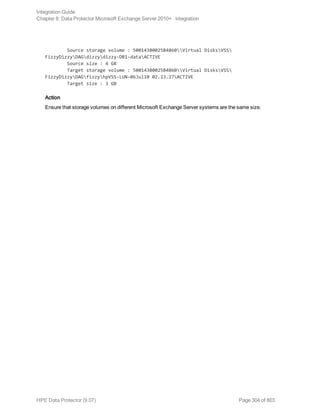 Source storage volume : 50014380025B4860Virtual DisksVSS
FizzyDizzyDAGdizzydizzy-DB1-dataACTIVE
Source size : 4 GB
Target storage volume : 50014380025B4860Virtual DisksVSS
FizzyDizzyDAGfizzyhpVSS-LUN-06Jul10 02.23.27ACTIVE
Target size : 3 GB
Action
Ensure that storage volumes on different Microsoft Exchange Server systems are the same size.
Integration Guide
Chapter 8: Data Protector Microsoft Exchange Server 2010+ integration
HPE Data Protector (9.07) Page 304 of 803
 