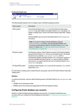 Finding the Oracle user
The following table explains how to configure users on different operating systems:
Client system Description
UNIX system Ensure that the Oracle user oracle from the Oracle Inventory group
(oinstall) has been added to the Data Protector admin user group. For
details on adding users, see the HPE Data Protector Help index: ”adding
users”.
Add the OSDBA user account to the Data Protector admin or operator
user group.
Note: If you plan to configure Oracle databases using the
omniintconfig.pl command, note that specified OSDBA user
accounts are automatically added to the Data Protector admin user
group. For details, see "Configuring multiple Oracle databases
simultaneously " on page 348.
Windows system On Windows systems, Data Protector connects to the Oracle database
using the Data Protector Inet service on the related system. By default,
the service runs under the Local System account, which is
automatically added to the Data Protector admin user group. However, if
you have restarted the Data Protector Inet service under an OSDBA
user account, you need to add the new user to the Data Protector admin
or operator user group.
HP OpenVMS system Configure a Data Protector admin user with the username <Any> and the
group name <Any>.
For information on adding users to Data Protector user groups, see the HPE Data Protector Help index:
“adding users”.
Clusters
In cluster environments, ensure to add he following users to the Data Protector admin or operator user
group:
l OSDBA user for all physical nodes
l OSDBA user for the virtual server (applicable for HPE Serviceguard clusters)
Configuring Oracle database user accounts
Identify or create the following Oracle database user accounts. You need to provide these user
accounts when you configure the Oracle database as described in "Configuring Oracle databases" on
page 343.
Integration Guide
Chapter 10: Data Protector Oracle Server integration
HPE Data Protector (9.07) Page 341 of 803
 