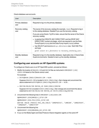 Oracle database user accounts
User Description
Primary database
user
Required to log in to the primary database.
Recovery catalog
user
The owner of the recovery catalog (for example, rman). Required to log in
to the catalog database. Needed if you use the recovery catalog.
If you are using Oracle 11g R2 or later, ensure that the owner of the Oracle
recovery catalog:
l is granted the CREATE ANY DIRECTORY and the DROP ANY
DIRECTORY system privileges, which are required to use the Data
Pump Export (expdp) and the Data Pump Import (impdp) utilities.
l has SELECT permissions on sys.v$instance view. Start SQL*Plus
and type:
grant select on v_$instance to recovery_catatalog_user;
Standby database
user
Required to log in to the standby database. Applicable only in Oracle Data
Guard environments. Needed to back up the standby database.
Configuring user accounts on HP OpenVMS systems
To configure an Oracle user on an HP OpenVMS system, proceed as follows:
1. Modify the location of ORAUSER.COM and ORATAB files as instructed in OMNI$ROOT:[LOG]
LOGIN.COM based on the Oracle version used.
For example:
l $PIPE@DKA0:[ORACLE]ORAUSER.COM > NLA0:
Suppose ORAUSER.COM is located in DKC0:[ORACLE10g], then change and uncomment the
above statement to $PIPE@DKC0:[ORACLE10g]ORAUSER.COM > NLA0:.
l $DEFINE/NOLOG/JOB ORATAB_LOC DKA0:[ORACLE]ORATAB
Suppose ORATAB is located in DKC0:[ORACLE10g], then change and uncomment the above
statement to $DEFINE/NOLOG/JOB ORATAB_LOC DKCF0:[ORACLE10g]ORATAB.
2. Uncomment the following lines in OMNI$ROOT:[LOG]LOGIN.COM:
$@OMNI$ROOT:[BIN]OMNI$CLI_SETUP.COM
$@OMNI$ROOT:[BIN.PERLl]PERL_SETUP.COM
$DEFINE /NOLOG /PROCESS PERL_ENV_TABLES "LNM$PROCESS", "LNM$JOB", "LNM$SERVER",
"LNM$GROUP", "LNM$SYSTEM"
3. Uncomment the following line:
$@OMNI$ROOT:[BIN]OMNI$ORA_OCI_SETUP.COM
4. If you run the Media Agent and Data Protector Oracle integration agents on the same HP
Integration Guide
Chapter 10: Data Protector Oracle Server integration
HPE Data Protector (9.07) Page 342 of 803
 