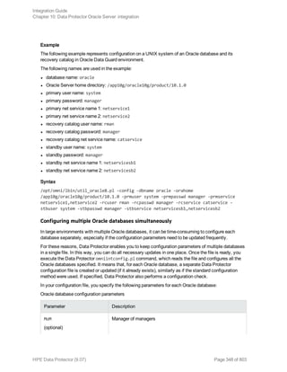 Example
The following example represents configuration on a UNIX system of an Oracle database and its
recovery catalog in Oracle Data Guard environment.
The following names are used in the example:
l database name: oracle
l Oracle Server home directory: /app10g/oracle10g/product/10.1.0
l primary user name: system
l primary password: manager
l primary net service name 1: netservice1
l primary net service name 2: netservice2
l recovery catalog user name: rman
l recovery catalog password: manager
l recovery catalog net service name: catservice
l standby user name: system
l standby password: manager
l standby net service name 1: netservicesb1
l standby net service name 2: netservicesb2
Syntax
/opt/omni/lbin/util_oracle8.pl -config -dbname oracle -orahome
/app10g/oracle10g/product/10.1.0 -prmuser system -prmpasswd manager -prmservice
netservice1,netservice2 -rcuser rman -rcpasswd manager -rcservice catservice -
stbuser system -stbpasswd manager -stbservice netservicesb1,netservicesb2
Configuring multiple Oracle databases simultaneously
In large environments with multiple Oracle databases, it can be time-consuming to configure each
database separately, especially if the configuration parameters need to be updated frequently.
For these reasons, Data Protector enables you to keep configuration parameters of multiple databases
in a single file. In this way, you can do all necessary updates in one place. Once the file is ready, you
execute the Data Protector omniintconfig.pl command, which reads the file and configures all the
Oracle databases specified. It means that, for each Oracle database, a separate Data Protector
configuration file is created or updated (if it already exists), similarly as if the standard configuration
method were used. If specified, Data Protector also performs a configuration check.
In your configuration file, you specify the following parameters for each Oracle database:
Oracle database configuration parameters
Parameter Description
MoM
(optional)
Manager of managers
Integration Guide
Chapter 10: Data Protector Oracle Server integration
HPE Data Protector (9.07) Page 348 of 803
 